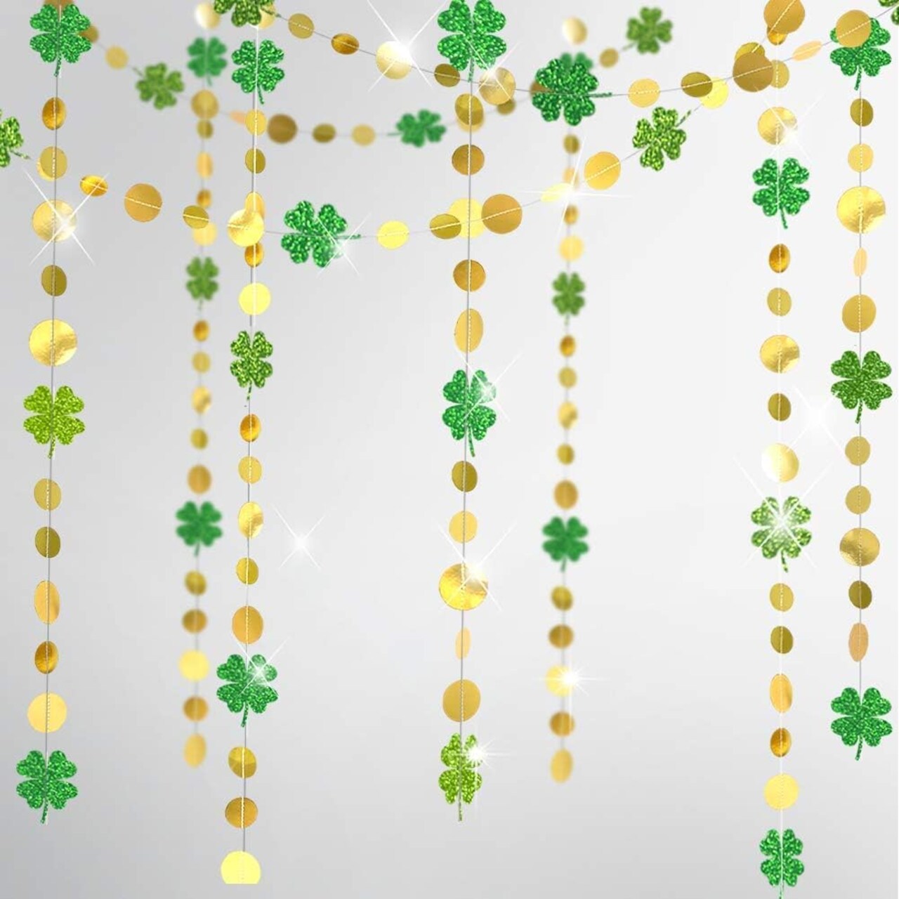 Cheerland Green Shamrock Garland St Patricks Day Decorations - 4 Leaf Clover Glitter St Paddy's Day Garland Hanging Streamers for St. Patrick's Day Irish Party Supplies and Spring Decor - 52Ft